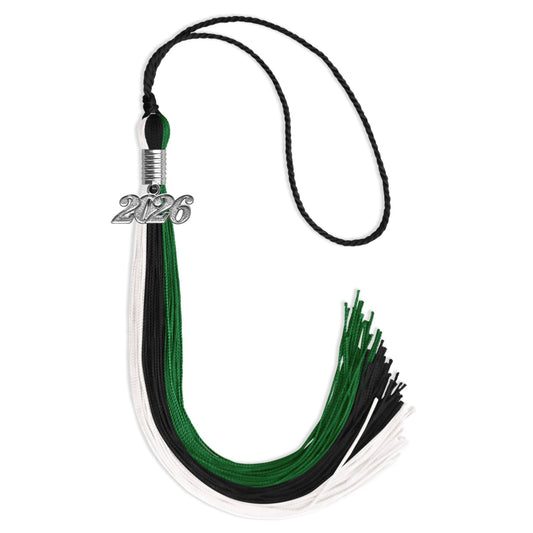 Black/Green/White Graduation Tassel with Silver Bling Charm by Wholesale Grad Supply