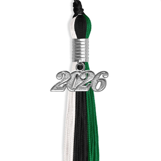 Black/Green/White Graduation Tassel with Silver Bling Charm by Wholesale Grad Supply