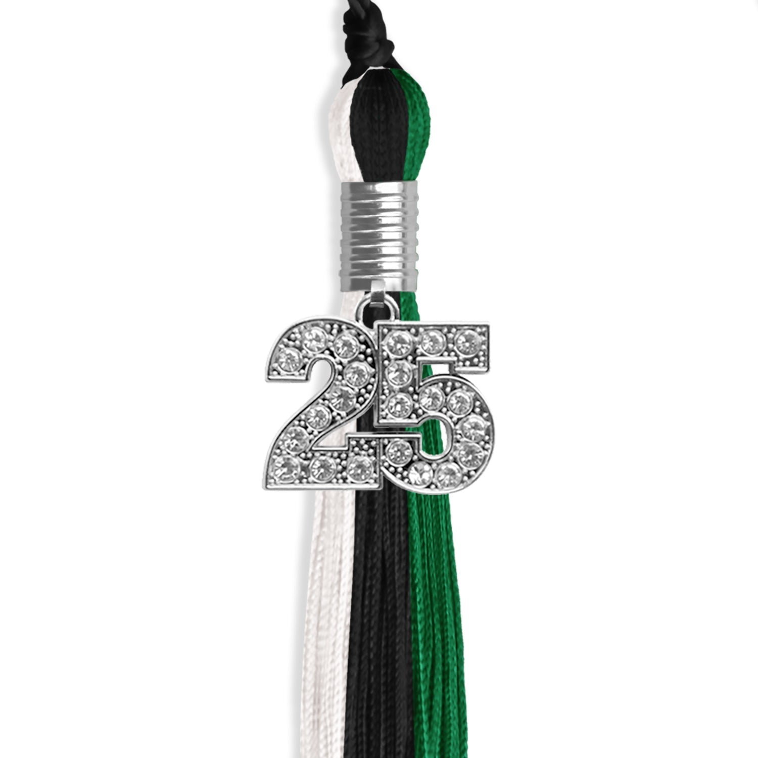 Black/Green/White Graduation Tassel with Silver Bling Charm by Wholesale Grad Supply