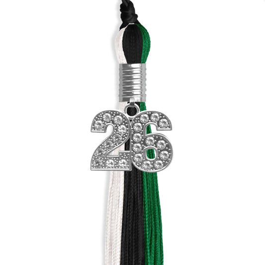 Black/Green/White Graduation Tassel with Silver Bling Charm by Wholesale Grad Supply