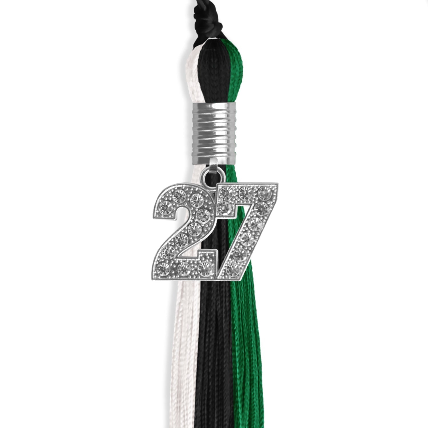Black/Green/White Graduation Tassel with Silver Bling Charm by Wholesale Grad Supply