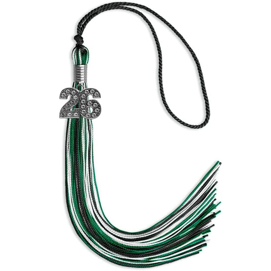 Black/Green/White Mixed Color Graduation Tassel with Silver Bling Charm by Wholesale Grad Supply