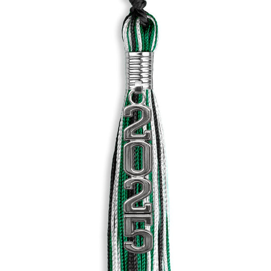 Black/Green/White Mixed Color Graduation Tassel with Silver Stacked Date Drop by Wholesale Grad Supply