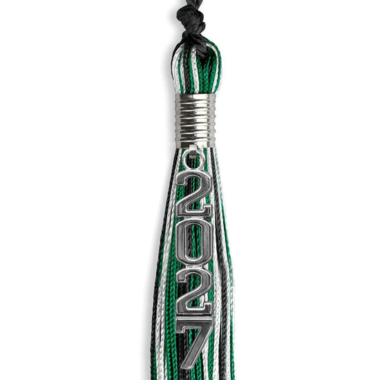 Black/Green/White Mixed Color Graduation Tassel with Silver Stacked Date Drop by Wholesale Grad Supply