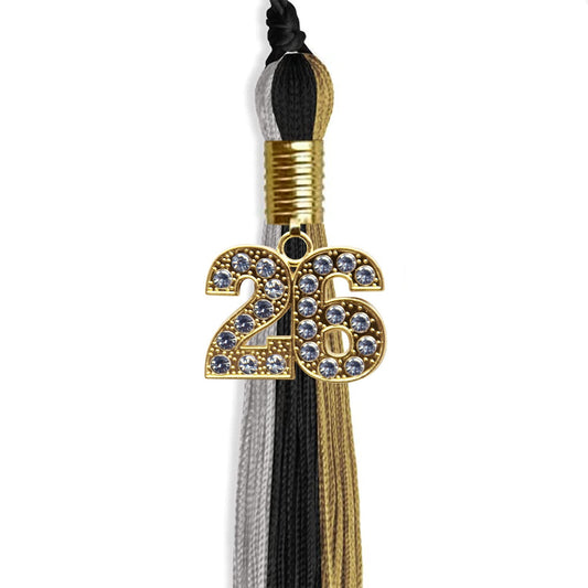 Black/Grey/Antique Gold Graduation Tassel with Gold Bling Charm by Wholesale Grad Supply
