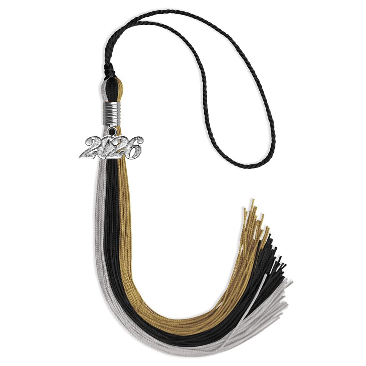 Black/Grey/Antique Gold Graduation Tassel with Silver Bling Charm by Wholesale Grad Supply