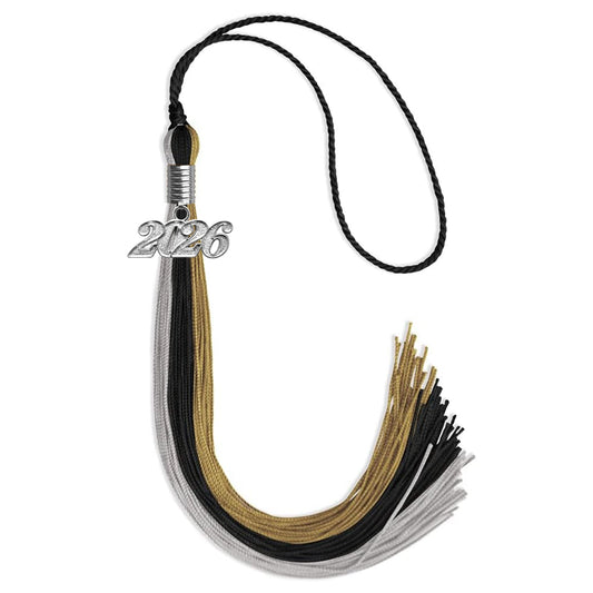 Black/Grey/Antique Gold Graduation Tassel with Silver Bling Charm by Wholesale Grad Supply