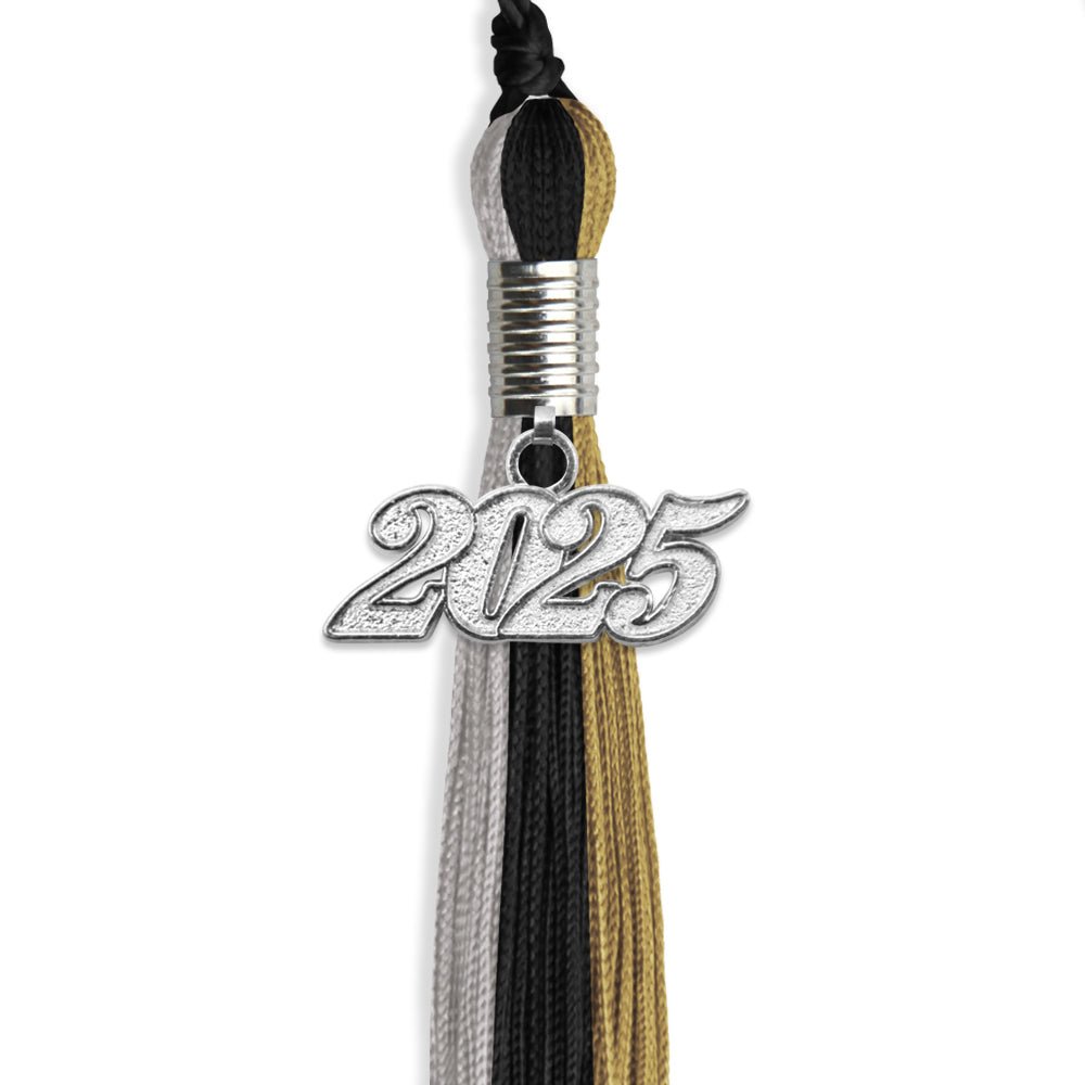 Black/Grey/Antique Gold Graduation Tassel with Silver Bling Charm by Wholesale Grad Supply