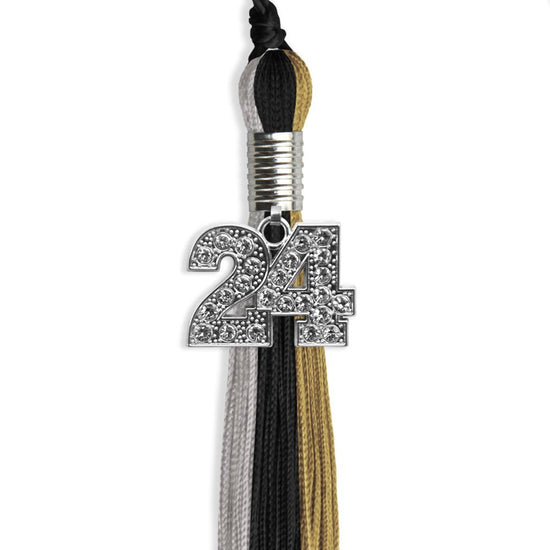 Black/Grey/Antique Gold Graduation Tassel with Silver Bling Charm by Wholesale Grad Supply