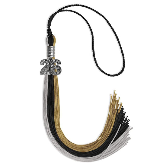 Black/Grey/Antique Gold Graduation Tassel with Silver Bling Charm by Wholesale Grad Supply