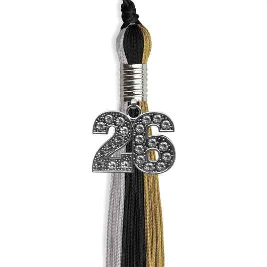 Black/Grey/Antique Gold Graduation Tassel with Silver Bling Charm by Wholesale Grad Supply