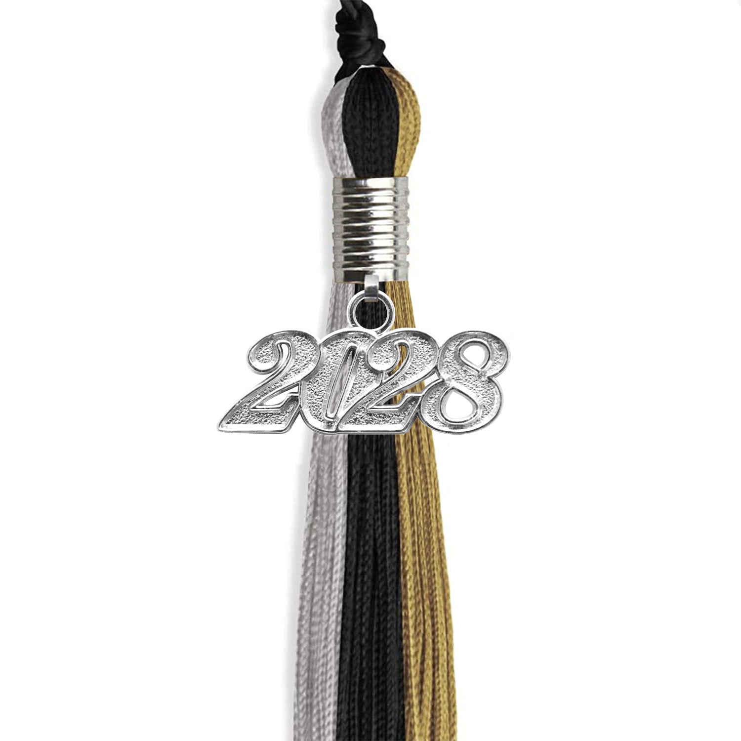 Black/Grey/Antique Gold Graduation Tassel with Silver Bling Charm by Wholesale Grad Supply