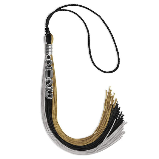 Black/Grey/Antique Gold Graduation Tassel with Silver Stacked Date Drop by Wholesale Grad Supply