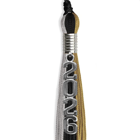 Black/Grey/Antique Gold Graduation Tassel with Silver Stacked Date Drop by Wholesale Grad Supply
