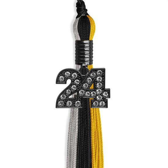 Black/Grey/Gold Graduation Tassel with Black Bling Charm by Wholesale Grad Supply