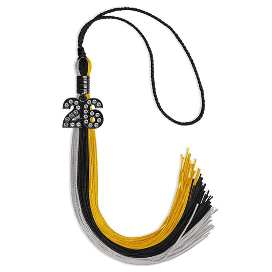 Black/Grey/Gold Graduation Tassel with Black Bling Charm by Wholesale Grad Supply
