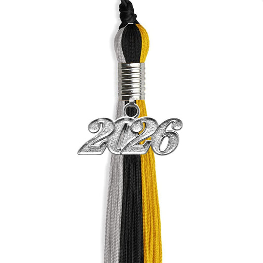 Black/Grey/Gold Graduation Tassel with Silver Bling Charm by Wholesale Grad Supply