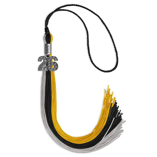 Black/Grey/Gold Graduation Tassel with Silver Bling Charm by Wholesale Grad Supply