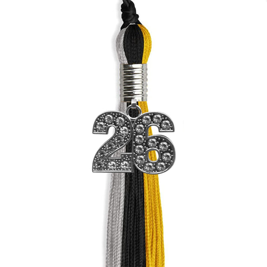 Black/Grey/Gold Graduation Tassel with Silver Bling Charm by Wholesale Grad Supply