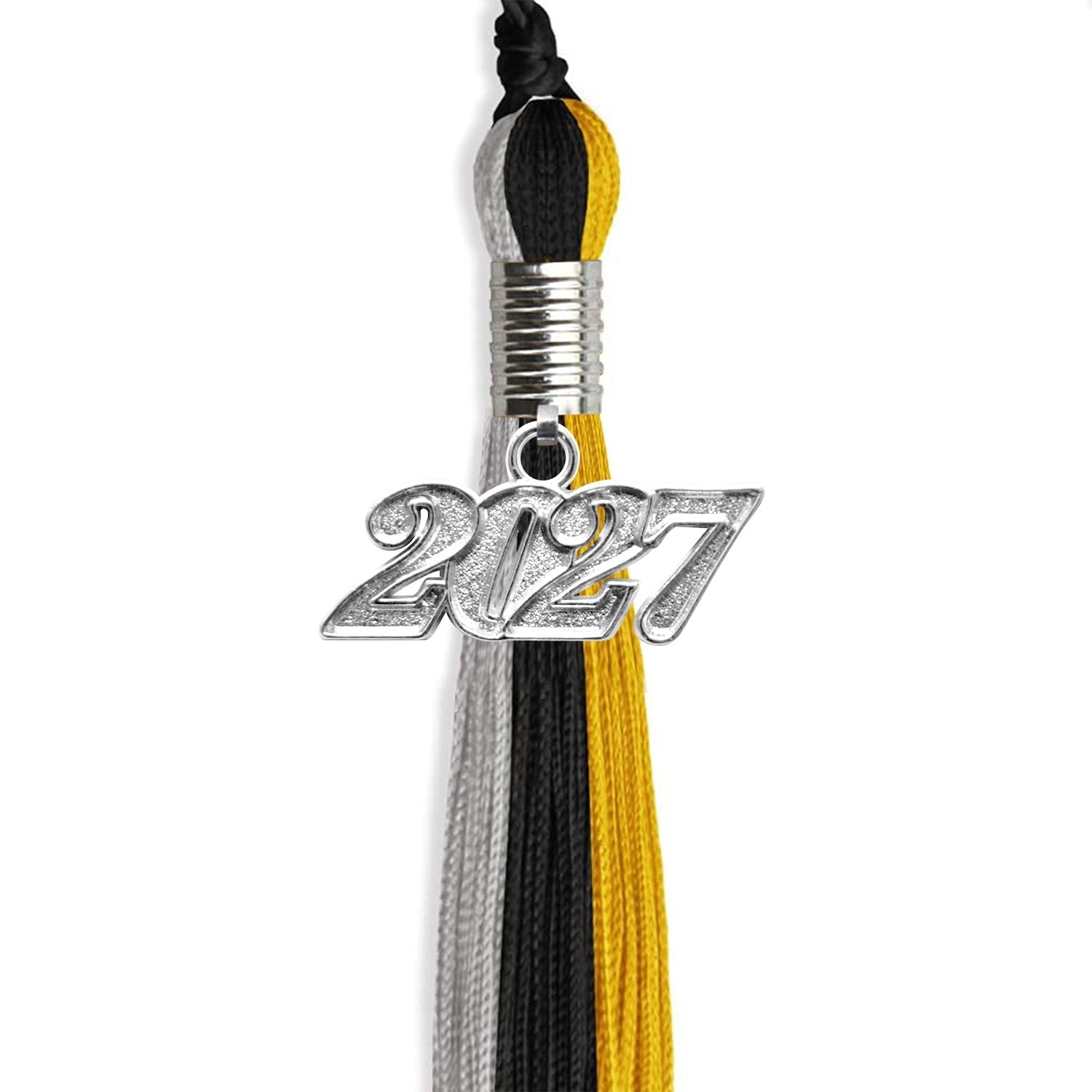 Black/Grey/Gold Graduation Tassel with Silver Bling Charm by Wholesale Grad Supply
