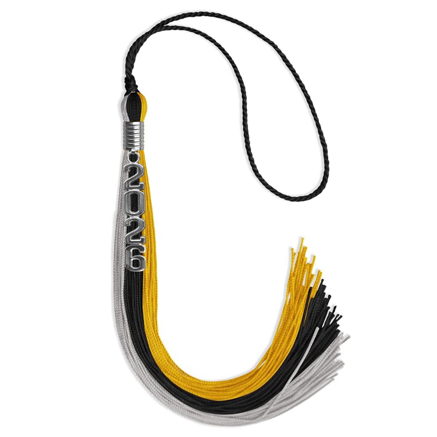 Black/Grey/Gold Graduation Tassel with Silver Stacked Date Drop by Wholesale Grad Supply