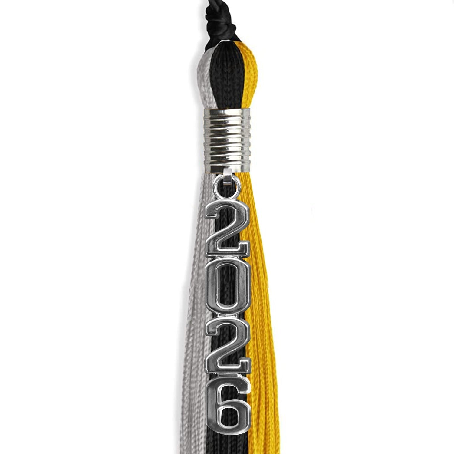 Black/Grey/Gold Graduation Tassel with Silver Stacked Date Drop by Wholesale Grad Supply