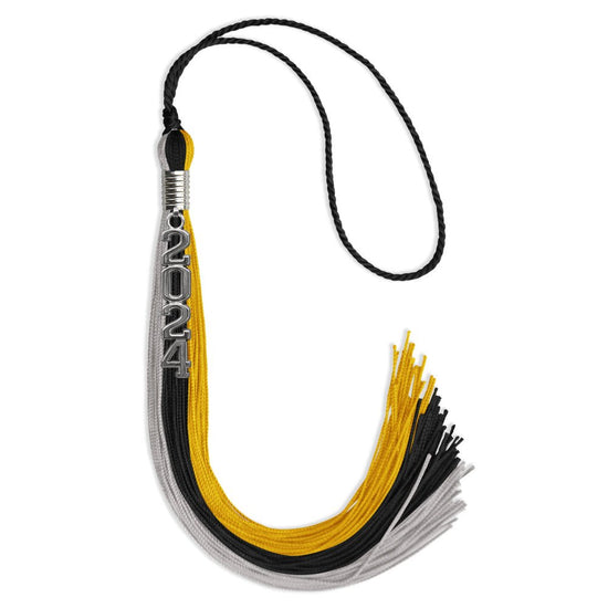 Black/Grey/Gold Graduation Tassel with Silver Stacked Date Drop by Wholesale Grad Supply