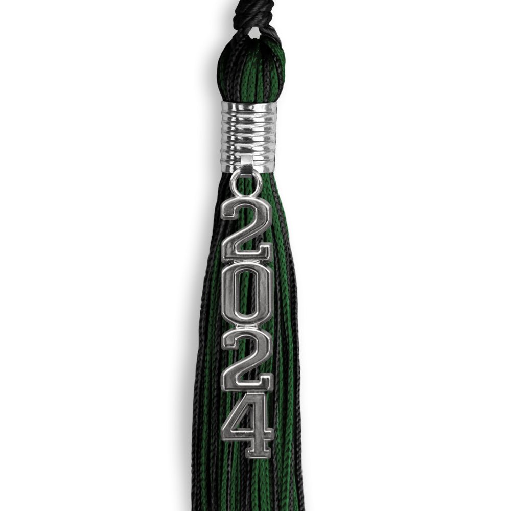 Black/Hunter Green Mixed Color Graduation Tassel with Stacked Silver Date Drop by Wholesale Grad Supply