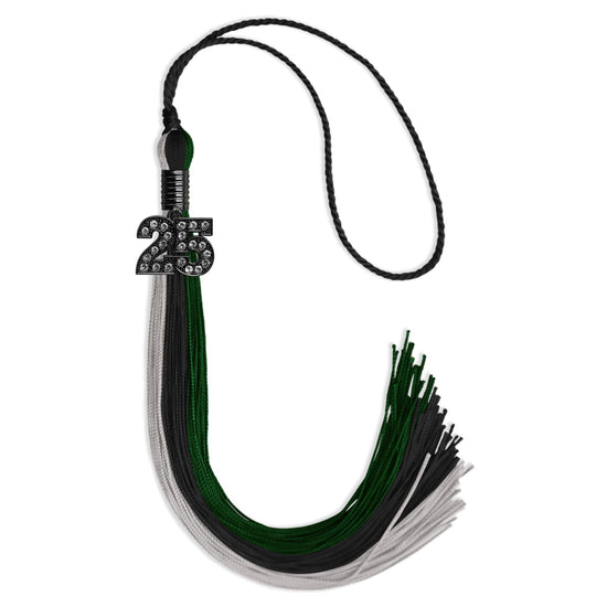 Black/Hunter Green/Silver Graduation Tassel with Black Bling Charm by Wholesale Grad Supply