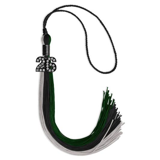 Black/Hunter Green/Silver Graduation Tassel with Black Bling Charm by Wholesale Grad Supply