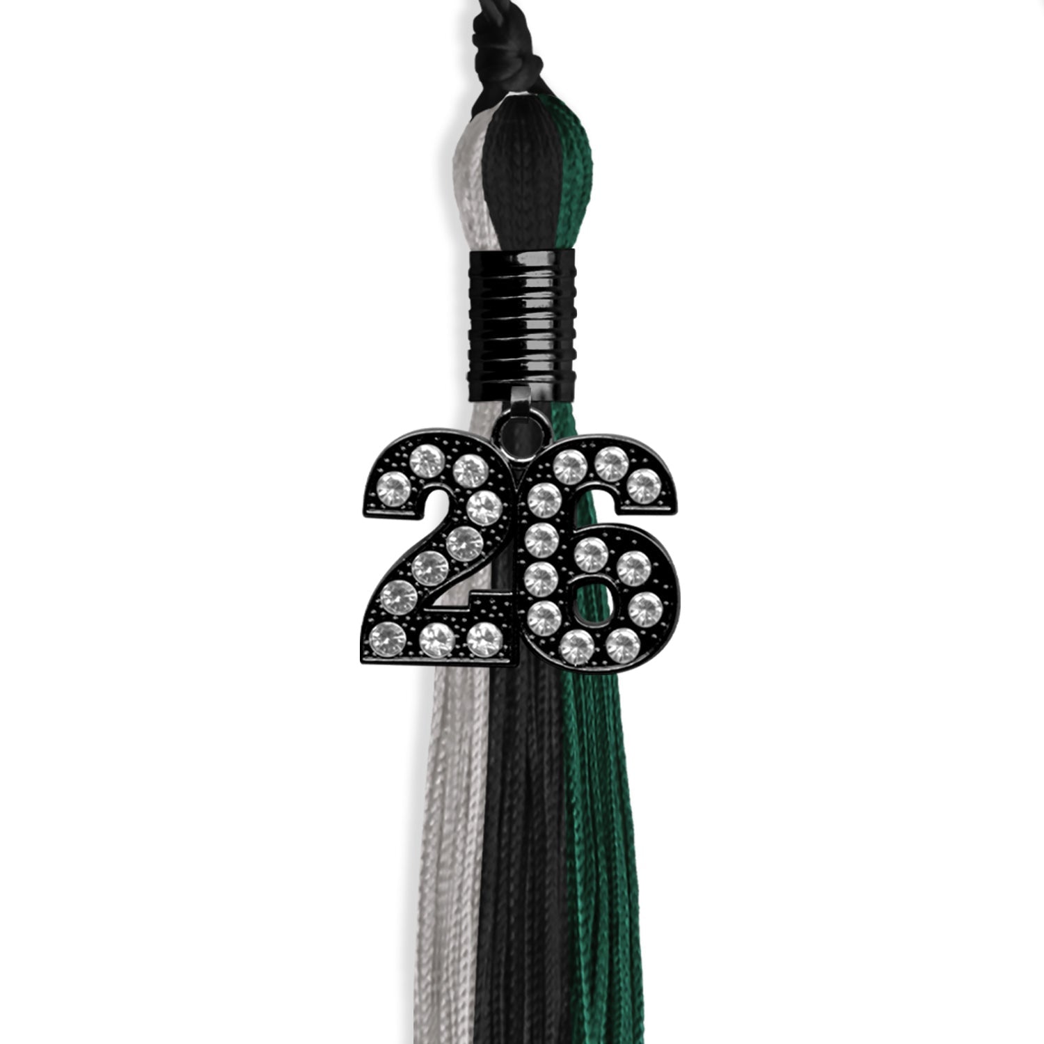 Black/Hunter Green/Silver Graduation Tassel with Black Bling Charm by Wholesale Grad Supply