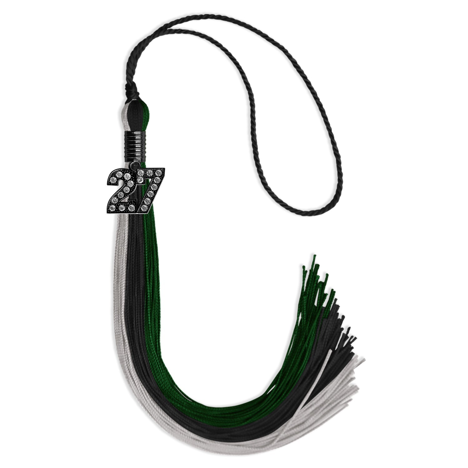 Black/Hunter Green/Silver Graduation Tassel with Black Bling Charm by Wholesale Grad Supply