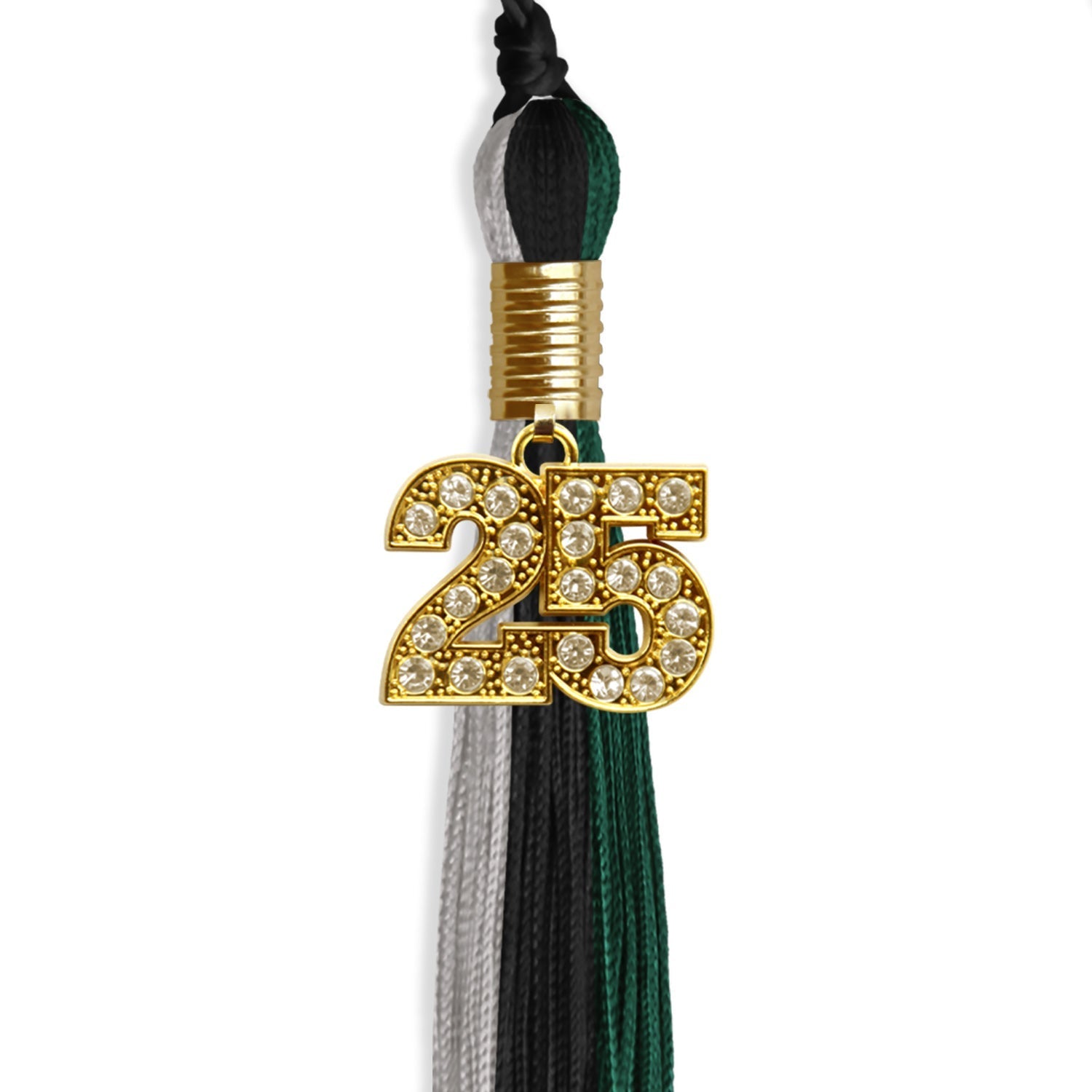 Black/Hunter Green/Silver Graduation Tassel with Gold Bling Charm by Wholesale Grad Supply
