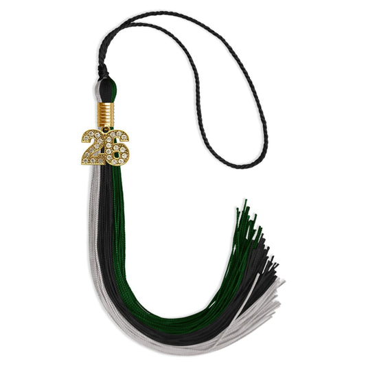 Black/Hunter Green/Silver Graduation Tassel with Gold Bling Charm by Wholesale Grad Supply