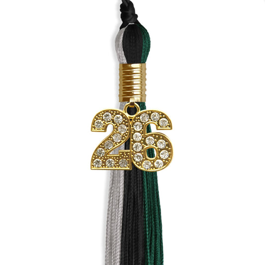 Black/Hunter Green/Silver Graduation Tassel with Gold Bling Charm by Wholesale Grad Supply