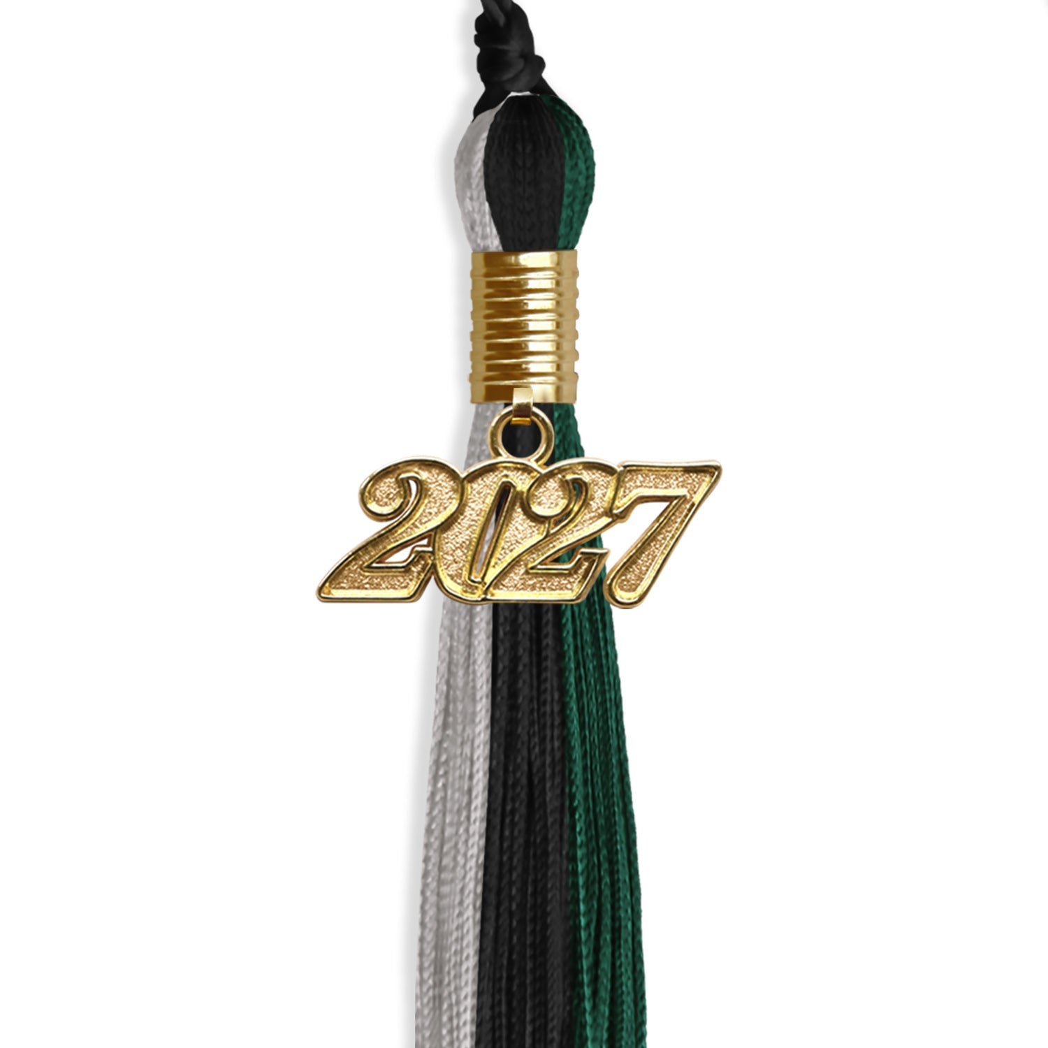 Black/Hunter Green/Silver Graduation Tassel with Gold Bling Charm by Wholesale Grad Supply