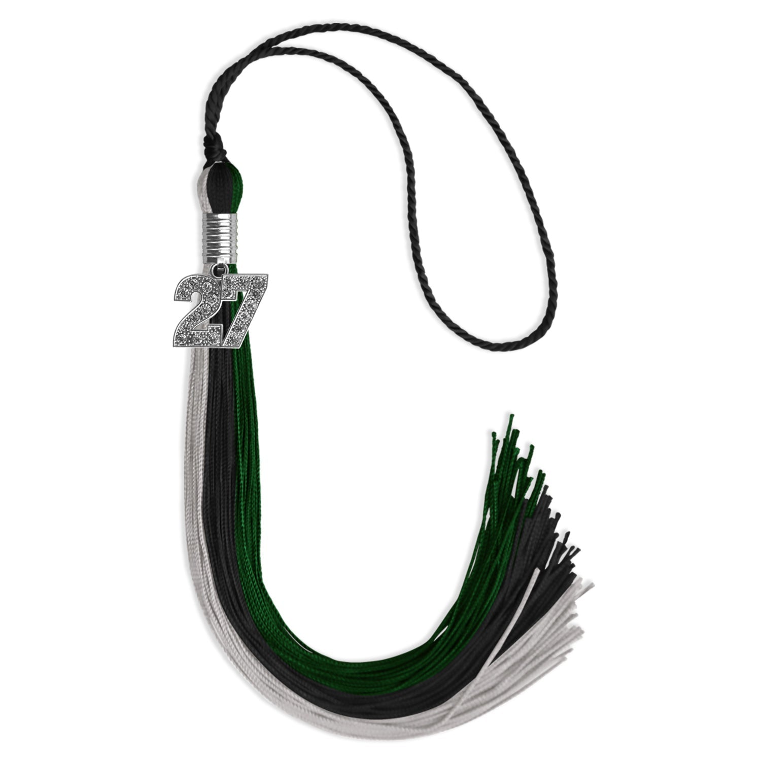 Black/Hunter Green/Silver Graduation Tassel with Silver Bling Charm by Wholesale Grad Supply