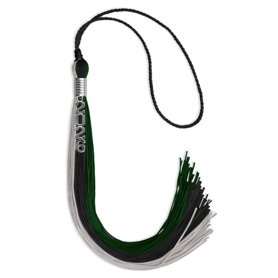 Black/Hunter Green/Silver Graduation Tassel with Silver Stacked Date Drop by Wholesale Grad Supply