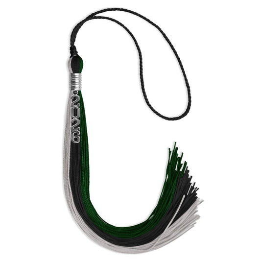 Black/Hunter Green/Silver Graduation Tassel with Silver Stacked Date Drop by Wholesale Grad Supply