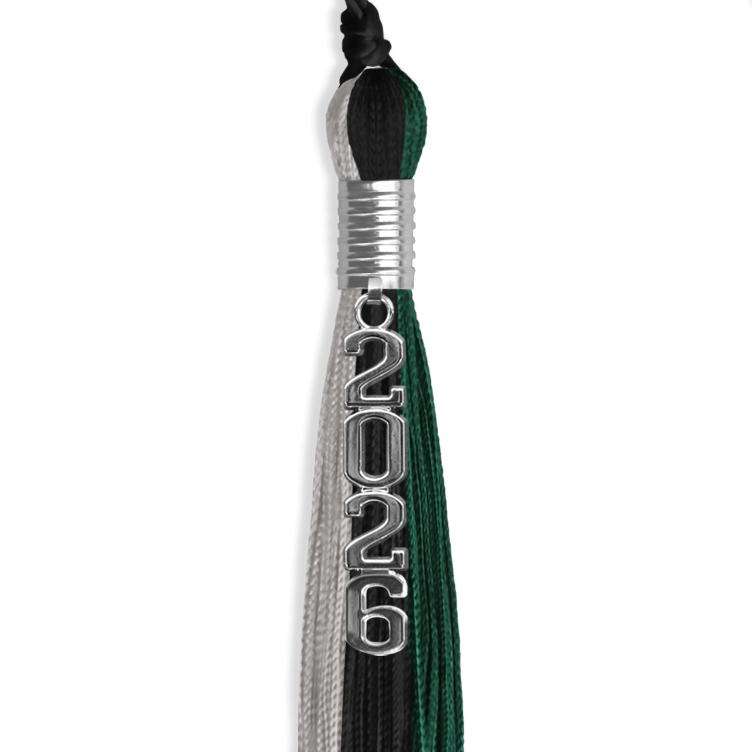 Black/Hunter Green/Silver Graduation Tassel with Silver Stacked Date Drop by Wholesale Grad Supply