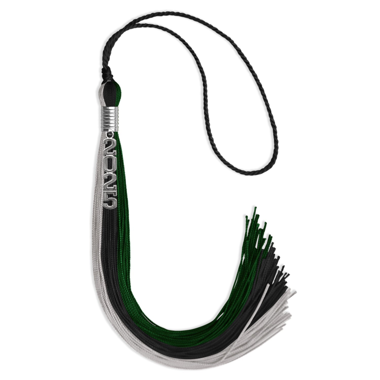 Black/Hunter Green/Silver Graduation Tassel with Silver Stacked Date Drop by Wholesale Grad Supply