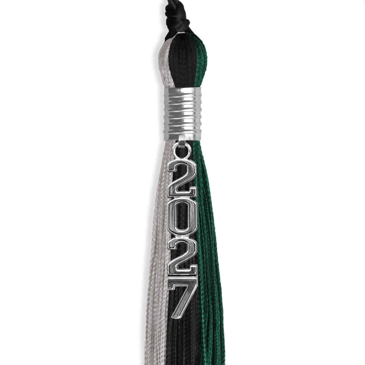 Black/Hunter Green/Silver Graduation Tassel with Silver Stacked Date Drop by Wholesale Grad Supply