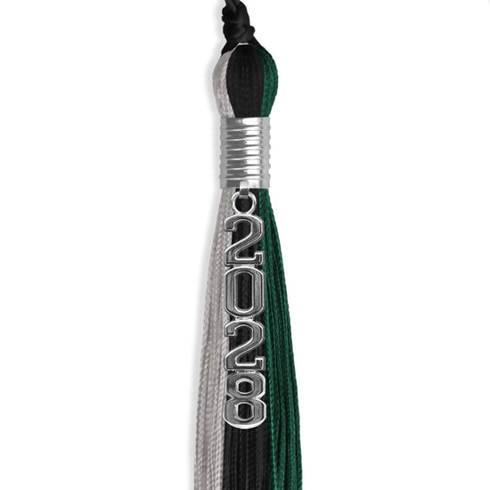 Black/Hunter Green/Silver Graduation Tassel with Silver Stacked Date Drop by Wholesale Grad Supply