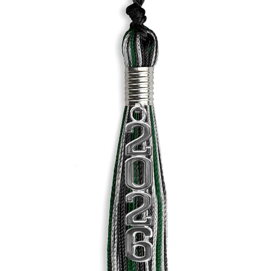 Black/Hunter Green/Silver Mixed Color Graduation Tassel with Silver Stacked Date Drop by Wholesale Grad Supply