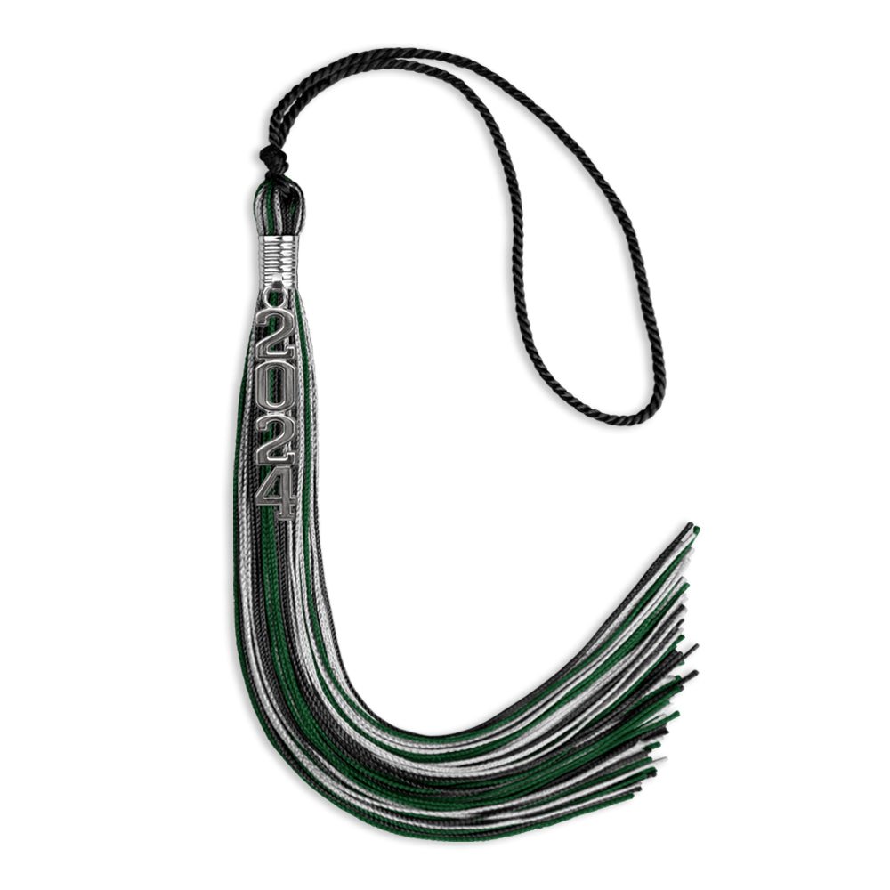 Black/Hunter Green/Silver Mixed Color Graduation Tassel with Silver Stacked Date Drop by Wholesale Grad Supply