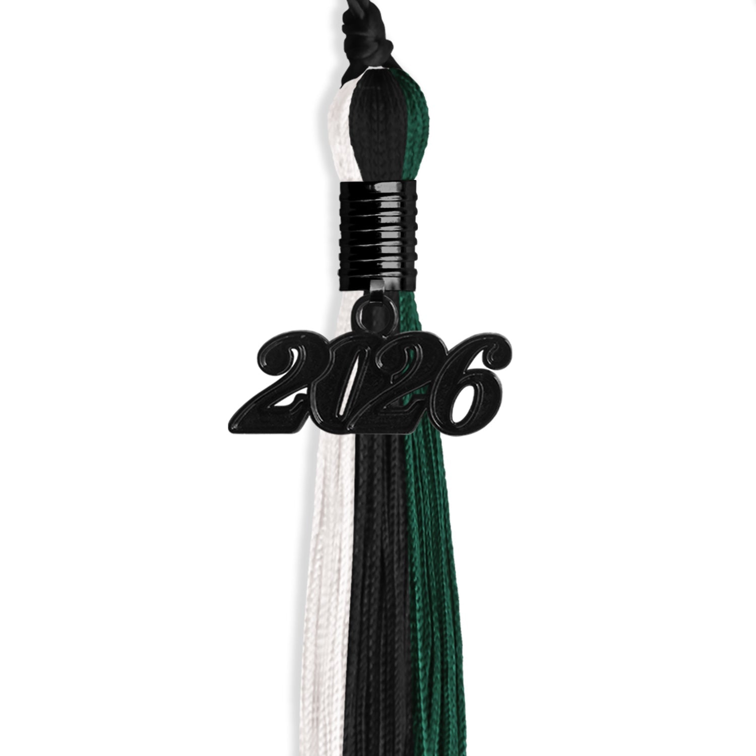Black/Hunter Green/White Graduation Tassel with Black Bling Charm by Wholesale Grad Supply