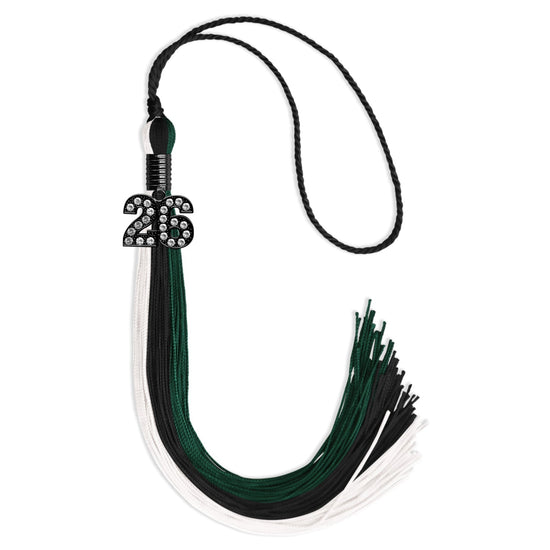 Black/Hunter Green/White Graduation Tassel with Black Bling Charm by Wholesale Grad Supply
