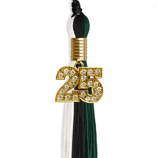 Black/Hunter Green/White Graduation Tassel with Gold Bling Charm by Wholesale Grad Supply