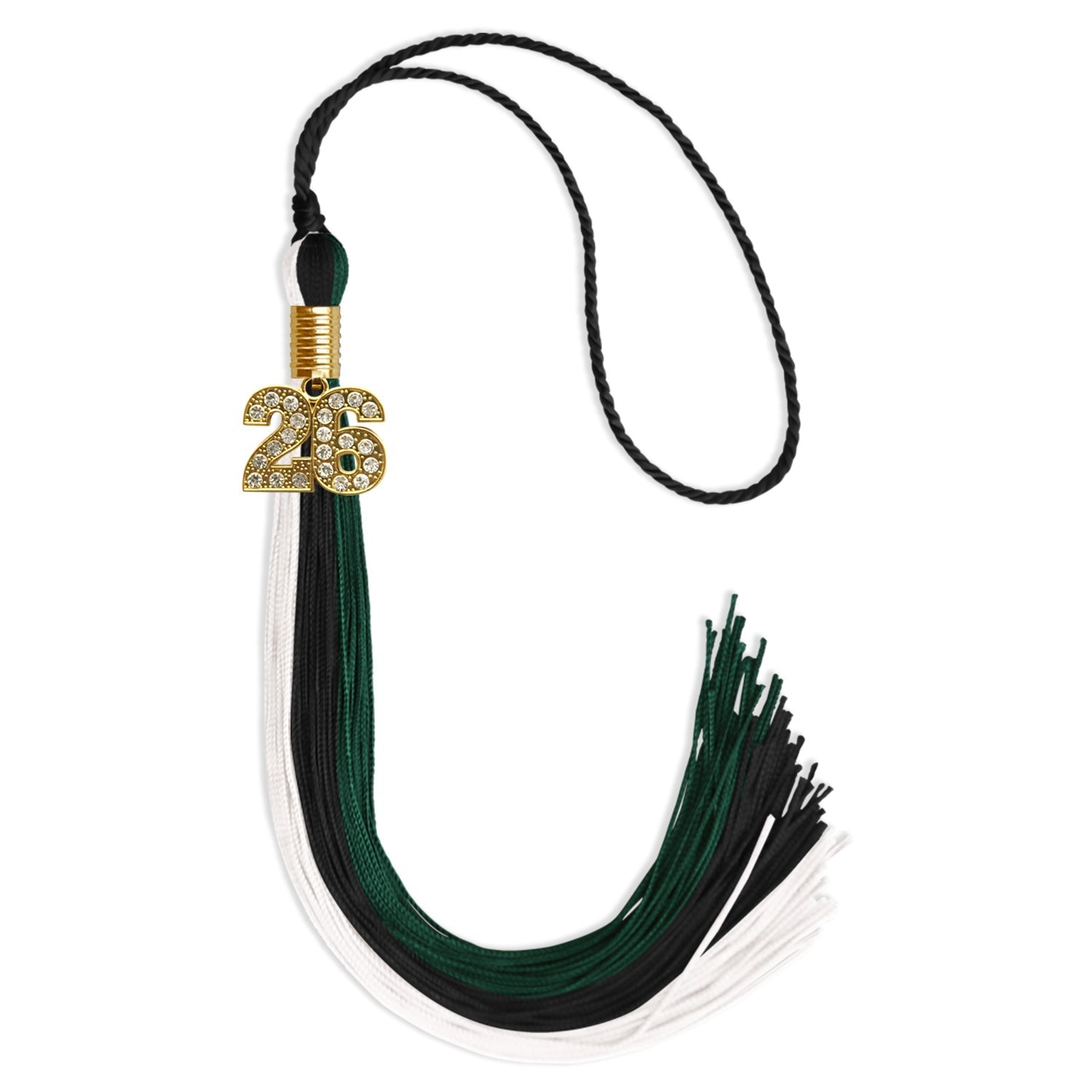 Black/Hunter Green/White Graduation Tassel with Gold Bling Charm by Wholesale Grad Supply