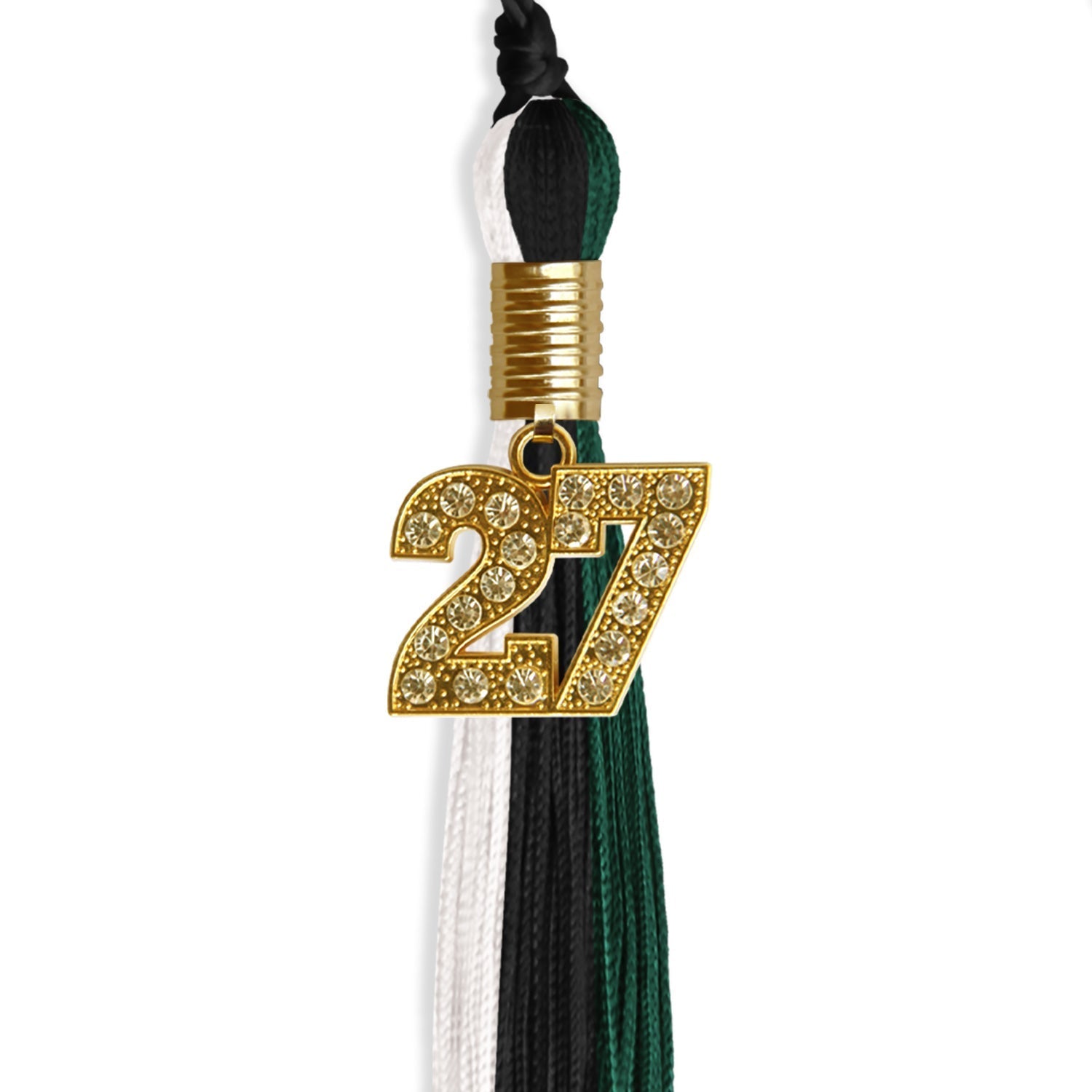 Black/Hunter Green/White Graduation Tassel with Gold Bling Charm by Wholesale Grad Supply